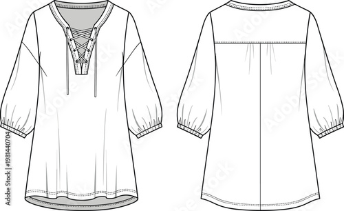 Women lace up tunic blouse illustration front and back view loose fit long sleeve fashion vector isolated clean background
