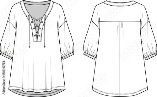 Women lace up tunic dress illustration front and back view loose fit blouse vector fashion design isolated clean background
