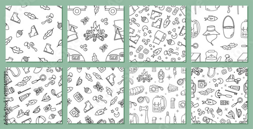 Seamless line outdoor adventure pattern collection in doodle sketch style. Camp and travel equipment with forest icon, hiking and map theme in color. Perfect for set, pack use.