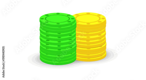 Two Stacks of Colorful Casino Chips: Green and Yellow on White Background