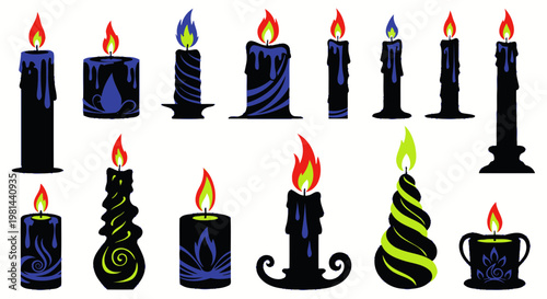 Collection of decorative black candles with colorful flames and wax drips