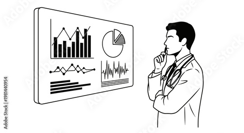 Doctor Analyzing Medical Data and Charts on Digital Screen