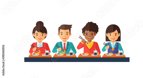 Diverse group of people enjoying a meal together at a table with chopsticks.