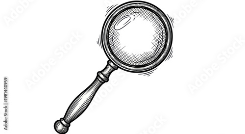 Hand-drawn magnifying glass sketch on white background, vintage style, search and discovery concept.