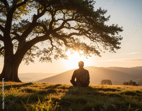 Person Silhouetted Under Oak Tree with Golden Hills View