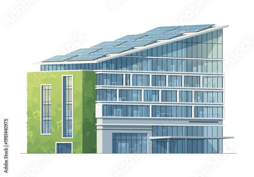 Modern office building with solar panels.