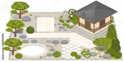 Isometric illustration of a traditional japanese zen garden with stone elements