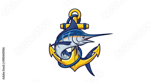 Marlin Fish Wrapped Around Nautical Anchor, Vector Illustration