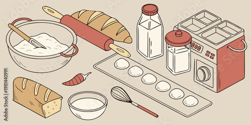 Isometric illustration of baking ingredients and kitchen tools on a surface