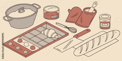 A collection of baking tools and fresh bread displayed on a surface