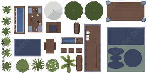Top down view of various outdoor furniture and landscape elements