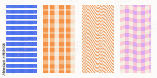 Four colorful patterned rectangles arranged vertically in a row