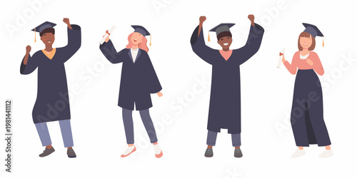 Four diverse graduates celebrate their achievement with diplomas and raised arms