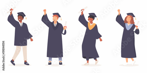 Four diverse graduates celebrating their achievement with diplomas in hand