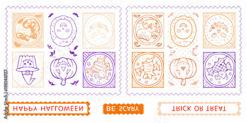 Whimsical hand drawn halloween and autumn themed postage stamps illustration