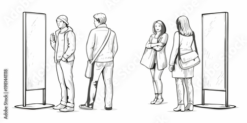 People viewing displays in a minimalist sketched style gallery setting