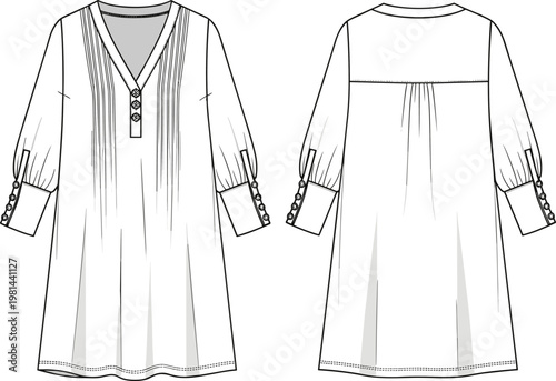 Women tunic dress vector illustration front and back view loose casual outfit design with buttons pleats long sleeves fashion