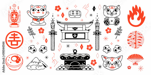 Japanese themed illustrations with lucky cats shrines and traditional symbols