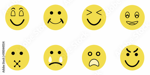 Collection of simple yellow oval faces displaying various emotions