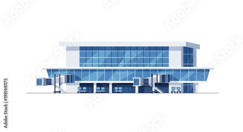 Modern Airport Terminal Building Vector Illustration with Jet Bridges Isolated on White