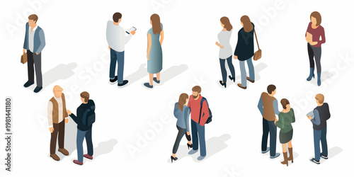 Isometric illustration of diverse people interacting in a public space