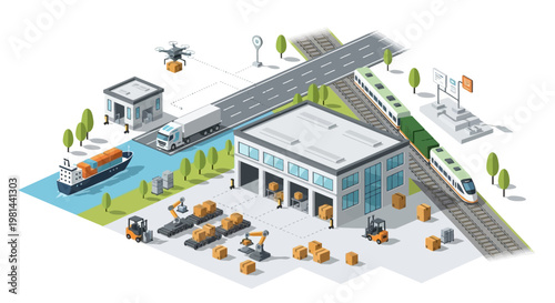 Isometric Smart Logistics and Supply Chain Management Illustration with Warehouse, Freight Train, Cargo Ship, Truck, and Delivery Drone