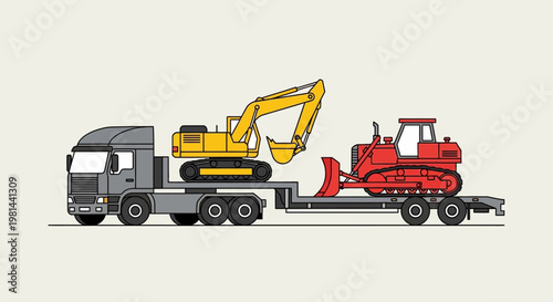 Flat vector illustration of a heavy duty semi-truck transporting a yellow excavator and red bulldozer on a lowboy trailer for construction and logistics.