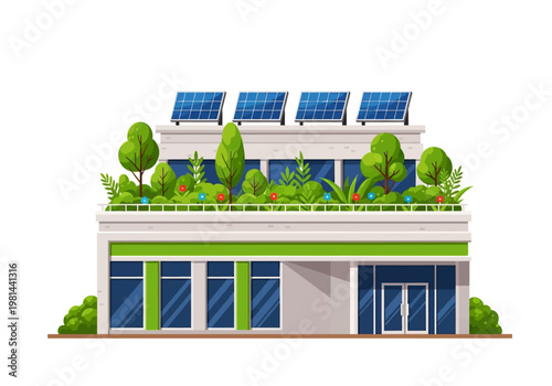 Sustainable green building with solar panels.
