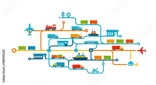 Global Logistics and Supply Chain Network Vector Illustration with Transportation Icons and Interconnected Distribution Routes