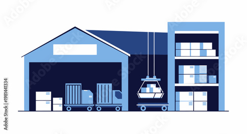 Warehouse Logistics and Supply Chain Management Flat Vector Illustration with Trucks, Shelves, and Cargo