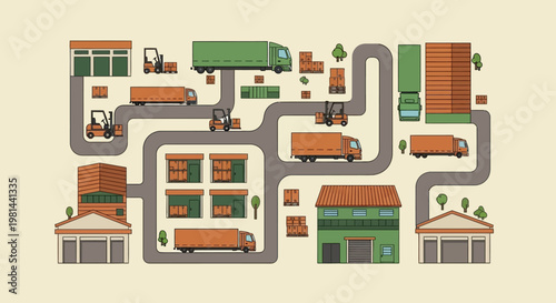 Logistics and Supply Chain Management Illustration with Trucks, Warehouses, and Forklifts in Flat Vector Style for Distribution Hub Concepts