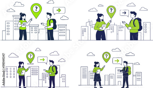 People asking for directions in the city are shown as a flat vector graphic design illustration set.