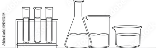 Laboratory glassware line art illustration with test tubes beaker and flask, scientific equipment set and chemistry experiment tools minimal outline design