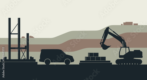 Construction Site Silhouette Illustration with Excavator, Van, and Industrial Equipment - Civil Engineering and Infrastructure Development Vector Art