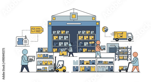 Warehouse Logistics and Supply Chain Management Illustration with Workers, Forklift, and Delivery Truck for Ecommerce Distribution