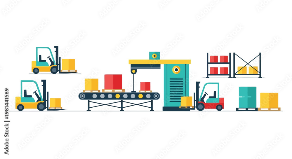 Fototapeta premium Warehouse Logistics and Industrial Automation Flat Vector Illustration with Forklifts, Conveyor Belt, and Packages in Distribution Center