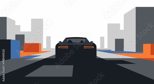 Minimalist Flat Design Illustration of a Dark Sports Car Driving Through a Modern Geometric Cityscape
