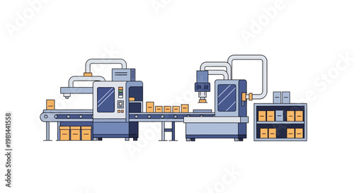 Modern Automated Factory Production Line Illustration with Conveyor Belt and Robotic Machinery