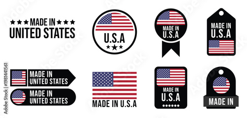 Made in America USA Vector Label Badge Clipart Promo Design Set for Products Packaging Stickers Stamps Patriotic Marketing and Promotional Graphic Elements