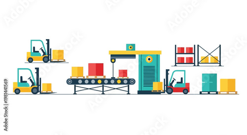 Warehouse Logistics and Industrial Automation Flat Vector Illustration with Forklifts, Conveyor Belt, and Packages in Distribution Center