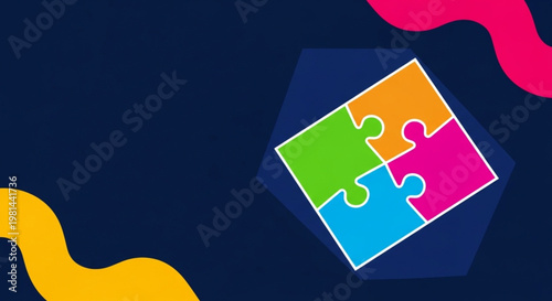 Four puzzle pieces, each a different color, arranged in a square pattern on a dark blue background with abstract wavy shapes