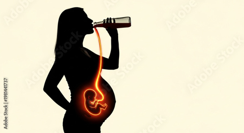 Stark illustration of a pregnant woman drinking, with alcohol directly flowing to her unborn child, warning against severe dangers of prenatal exposure