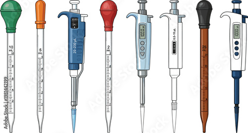 Laboratory pipette tools collection illustration with different measuring devices, scientific liquid handling equipment and chemistry research instruments minimal design