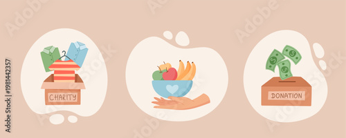 Charity support scene in soft cartoon graphic style set. Donation compositions show money gift and food care as simple help. Philanthropy concept for community aid and humanitarian need, with cash