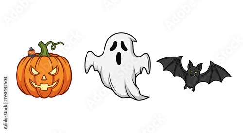 Halloween icons pumpkin ghost bat.