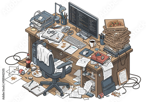 Cluttered office desk with computer.
