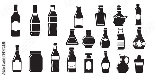 Collection of silhouetted wine and liquor bottles in black and white