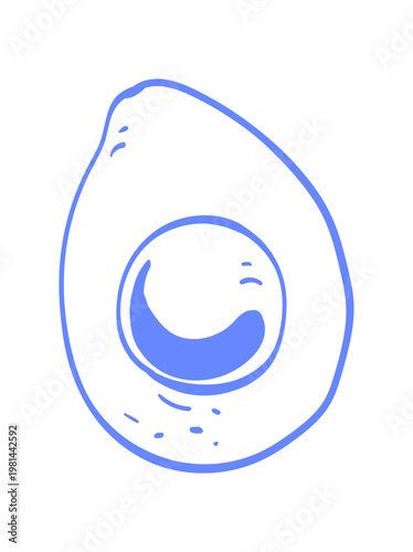Cute blue avocado sketch art. Whimsical avocado doodle as simple food icon. Minimal breakfast idea for brunch menu and cozy cafe card. Linear hand drawn style with clean frame for modern kitchen