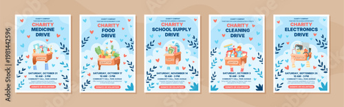 Charity poster set with light background and flat style. Each donate gift box show community support and help for needy people as assistance donation. Useful for charity promotion print.