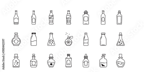 Collection of hand drawn style bottles and jars in black and white